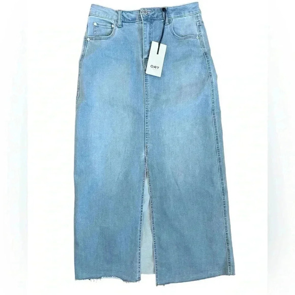 OAK New York Front Slit Denim Midi Skirt Size 4/27 NWT Raw Hem High Waist - Picture 3 of 10